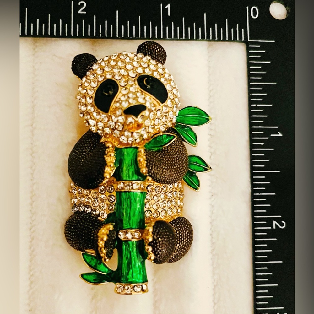Panda Bear Brooch Pin Green Enamel Bamboo Gold Tone Rhinestone